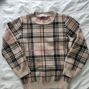 SHEIN Beige and Black Plaid Crewneck Sweater